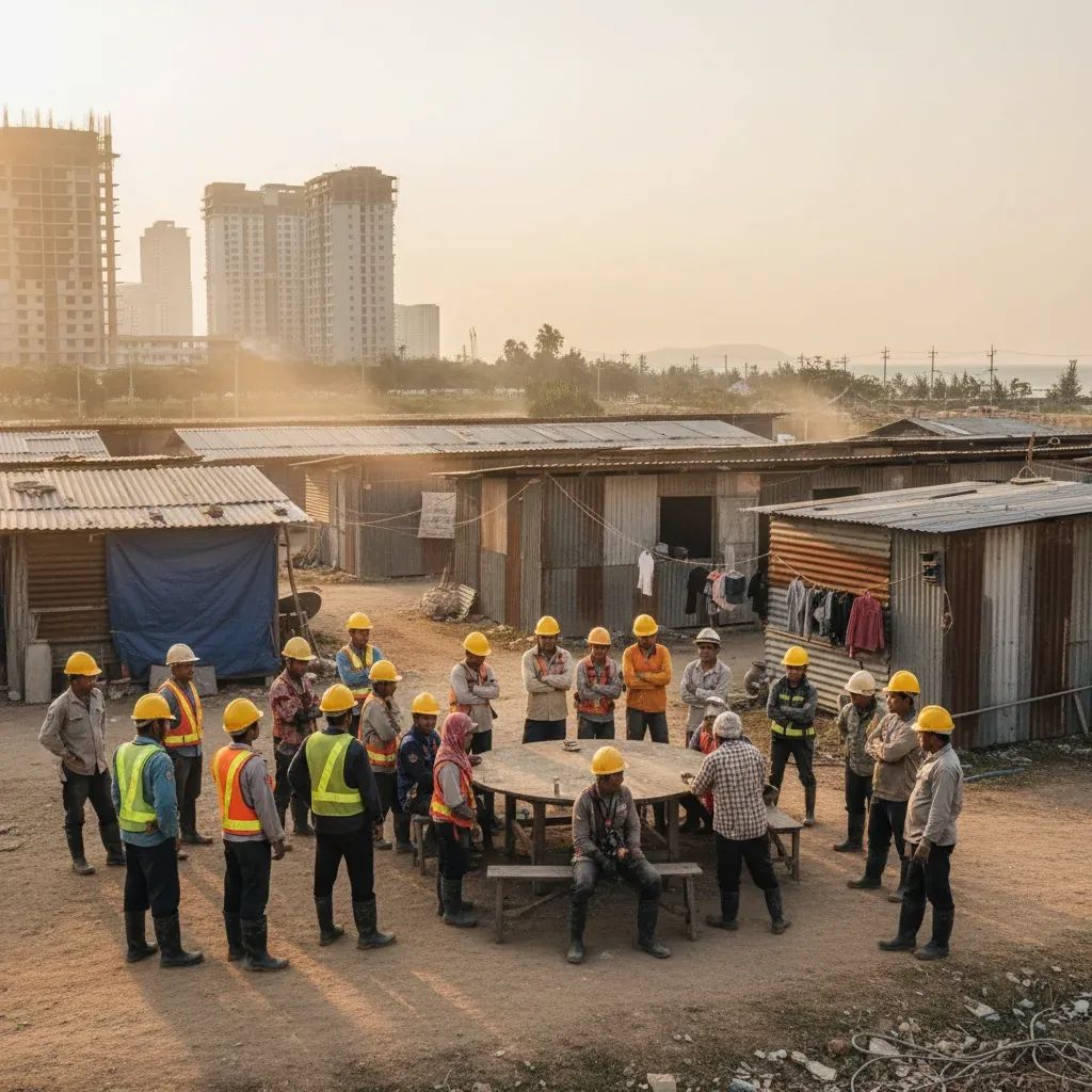 Construction workers at a Pattaya labor camp, representing migrant workforce safety concerns