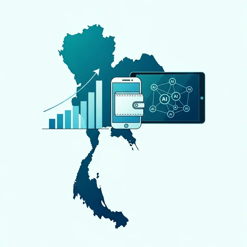 Infographic-style graphic of Thailand map with rising economic graph, digital wallet and tablet icons