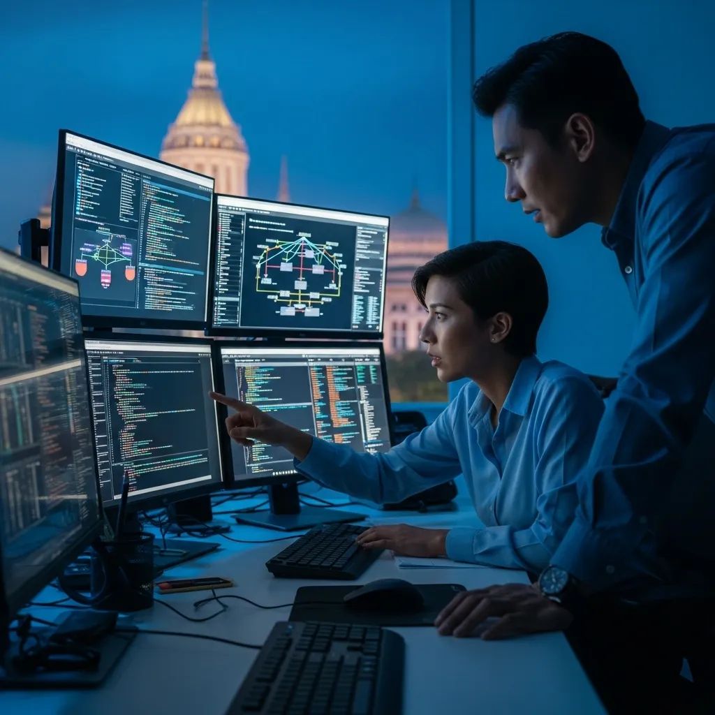 Cybercrime investigators analyzing online gambling data on computer screens with Thai parliament blurred in the background
