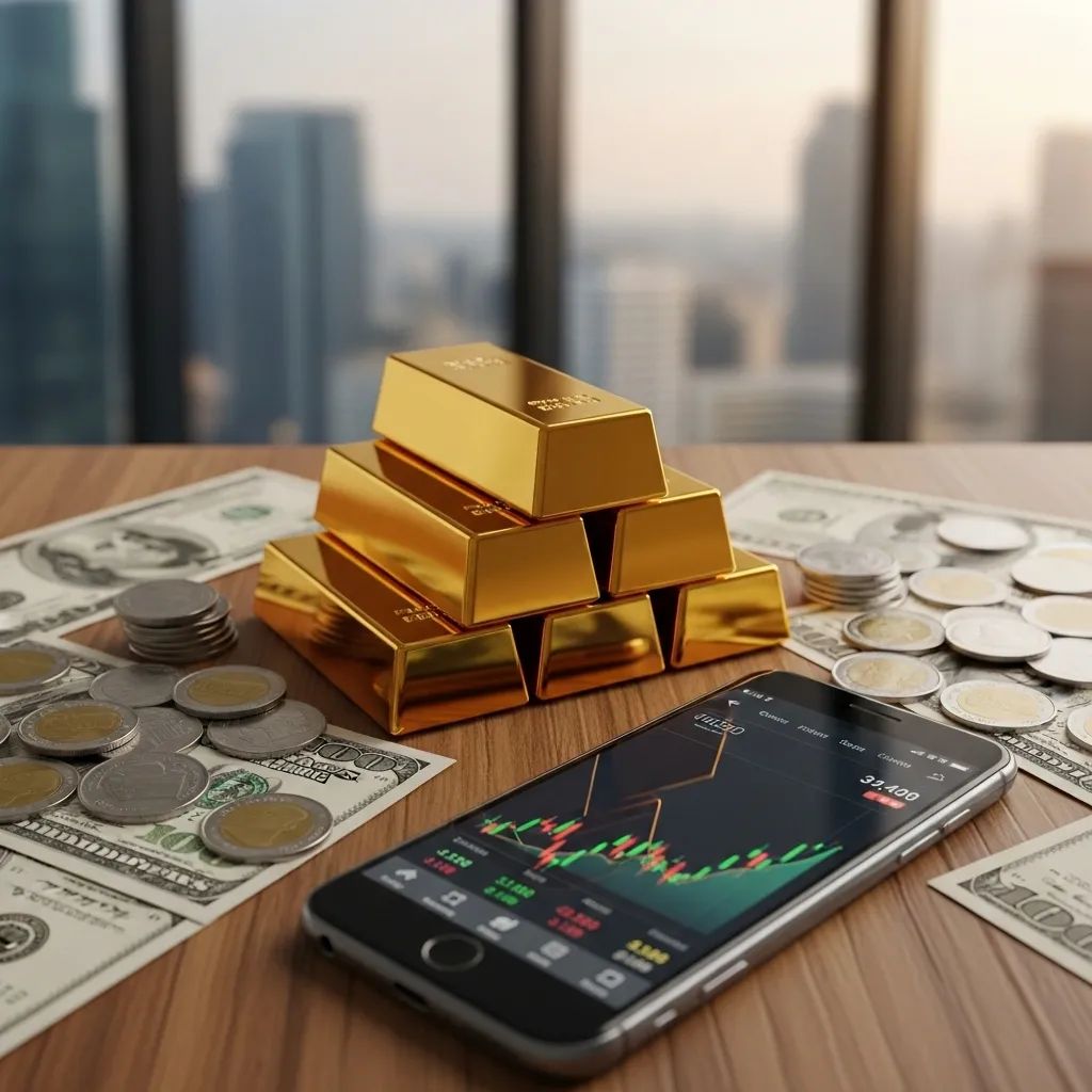 Smartphone and gold bars on a table alongside Thai baht coins and US dollars