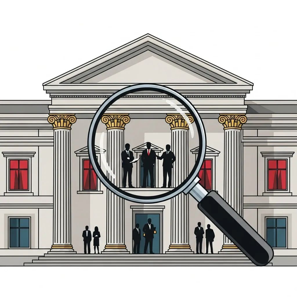 Infographic of a bank facade with a magnifying glass over silhouettes of officials