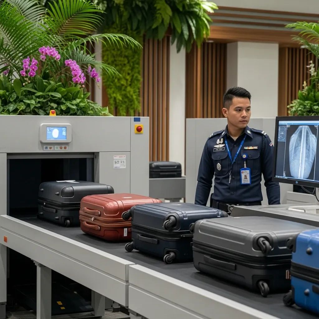 Airport security checkpoint at Samui Airport with suitcases on a CT X-ray scanner conveyor belt