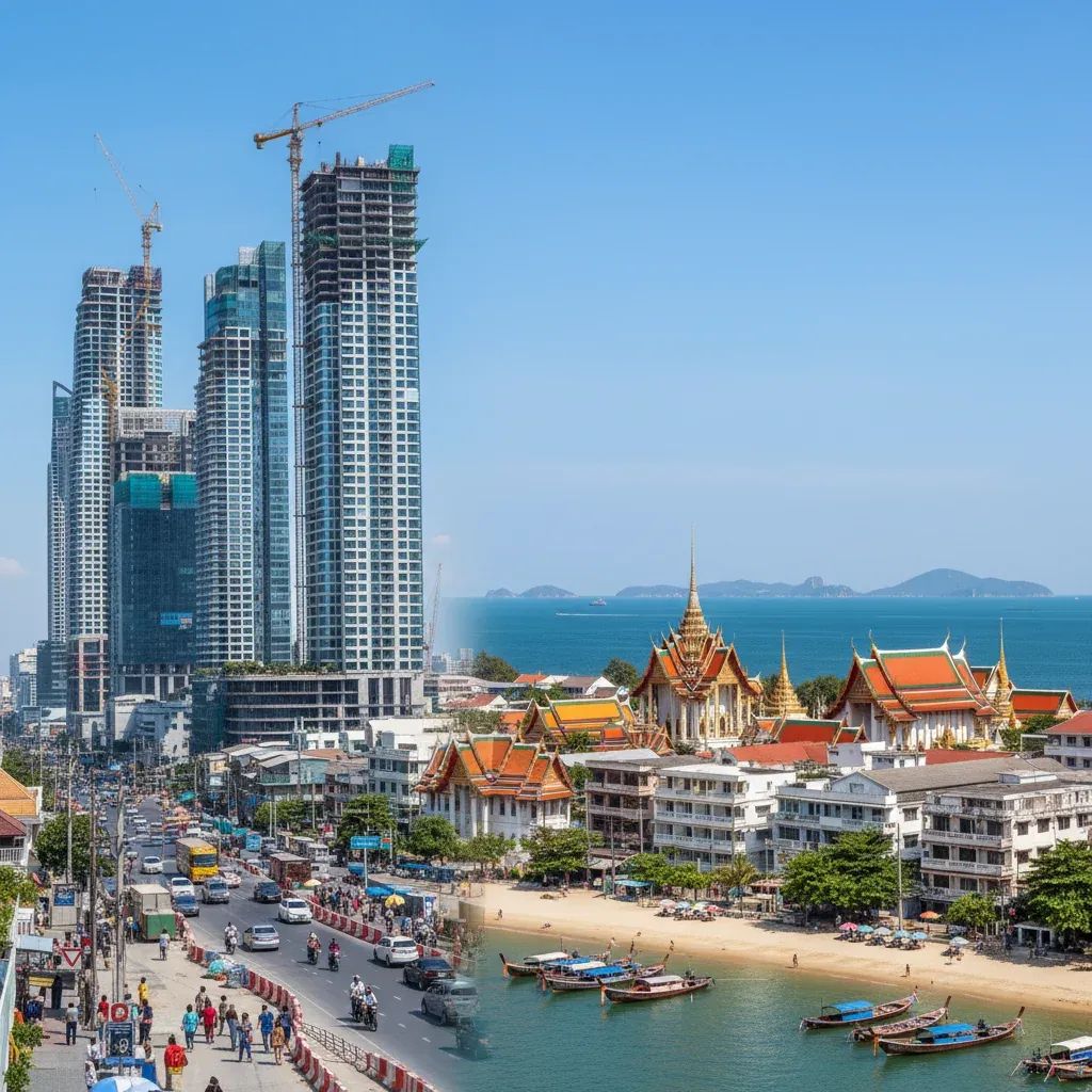 Pattaya cityscape showing modern construction and development projects alongside existing urban infrastructure and beachfront area