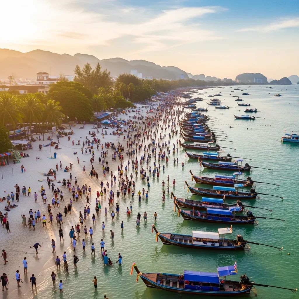 Aerial view of a busy Thai beach with longtail boats and distant tourists at sunset