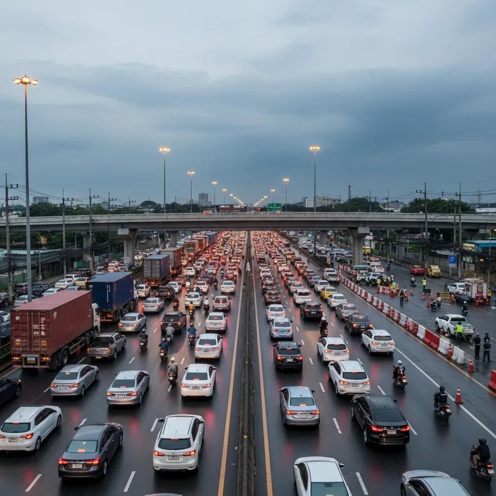 Busy Bangkok ring road with heavy truck and motorcycle traffic during evening commute hours