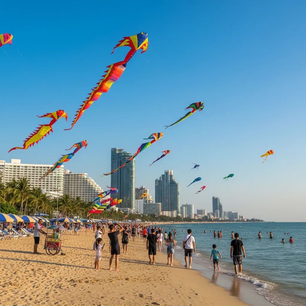 Colorful kites flying above Pattaya beach with tourists and modern resort buildings