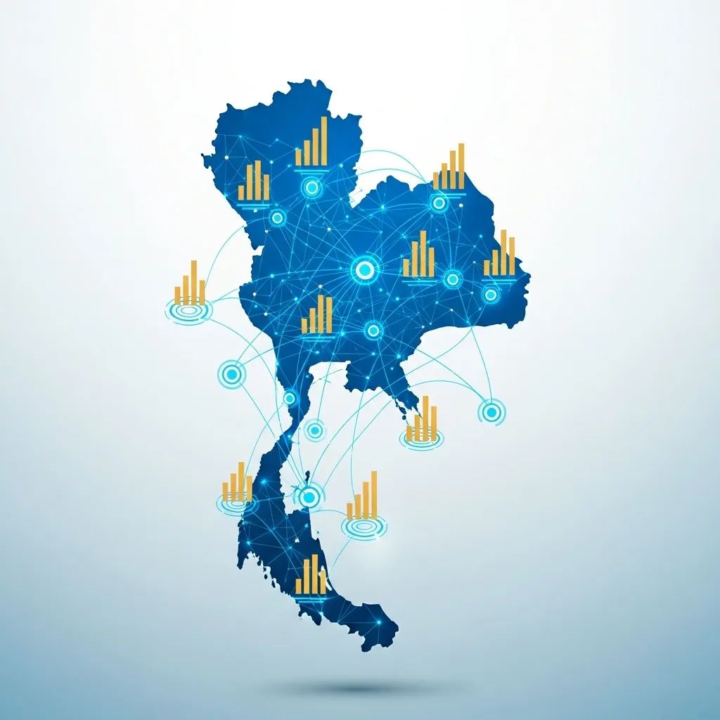 Infographic showing Thailand map with digital network nodes and stylized gold bars