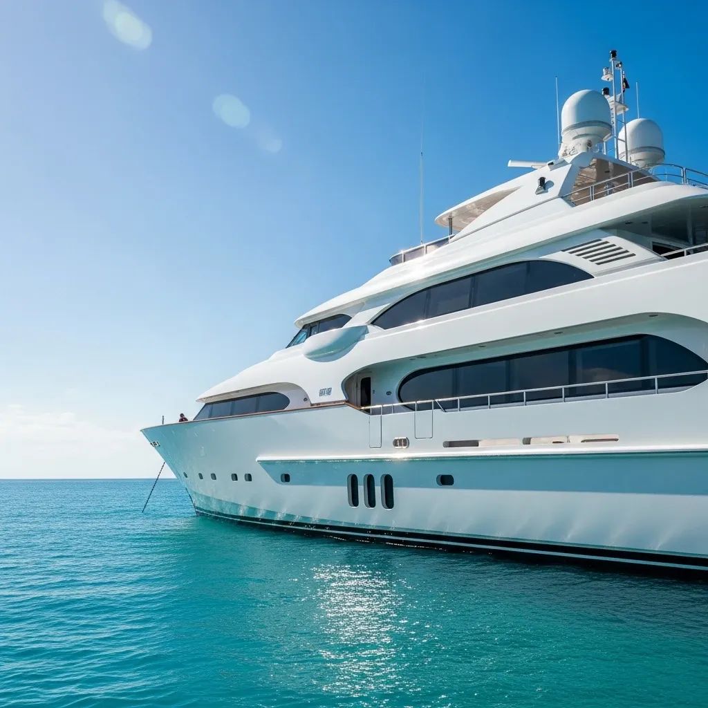 Sleek white superyacht anchored in turquoise Caribbean waters under a clear sky