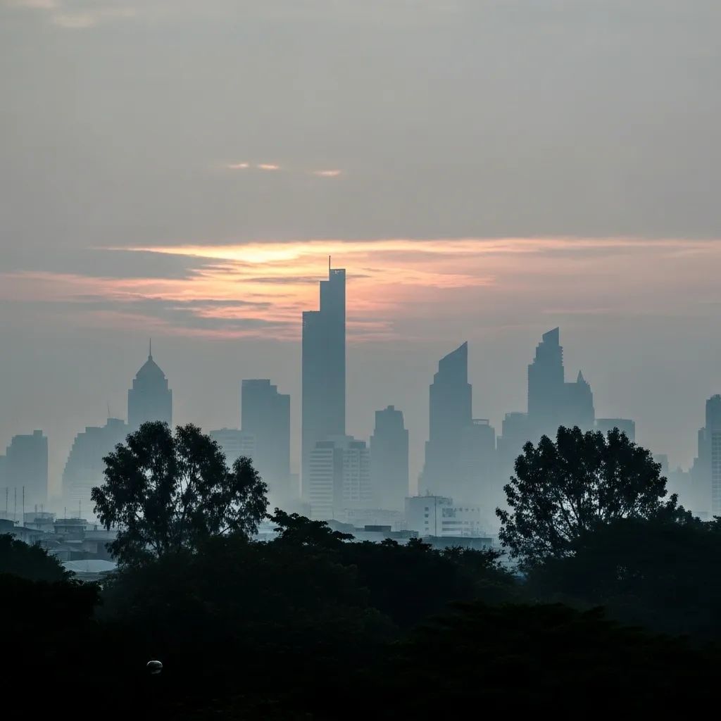 Bangkok skyline at dawn shrouded in hazy smog with tree silhouettes in foreground