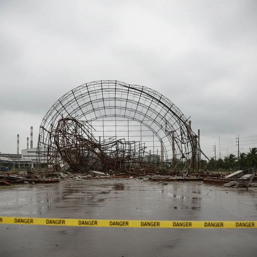 Partially collapsed steel dome with twisted beams and caution tape after windstorm in Samut Prakan