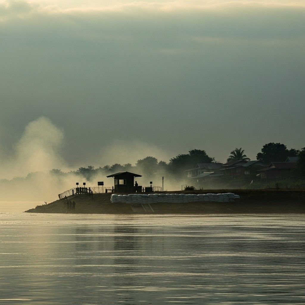 Smoke drifting over Mae Sot border checkpoint along Moei River at dawn