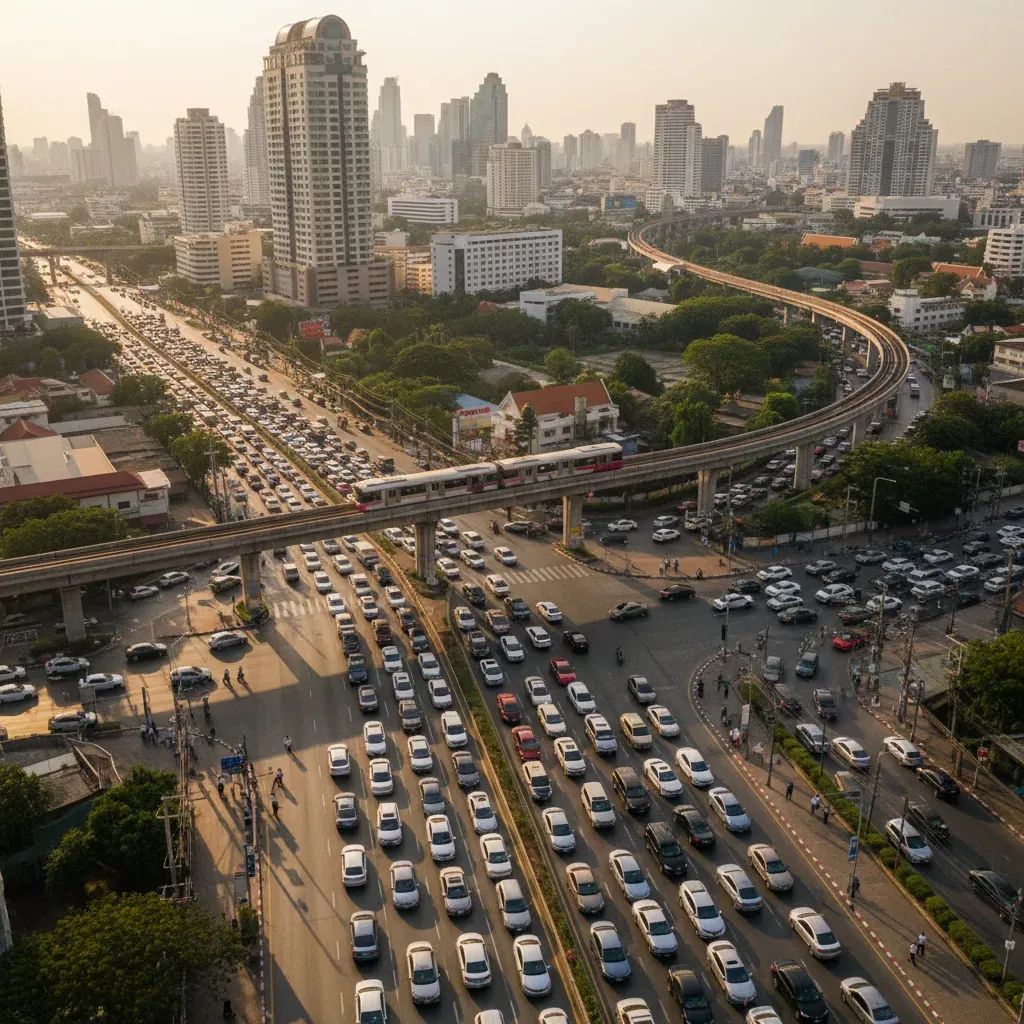 Aerial view of Bangkok Sukhumvit intersection showing heavy traffic congestion with BTS Skytrain overhead
