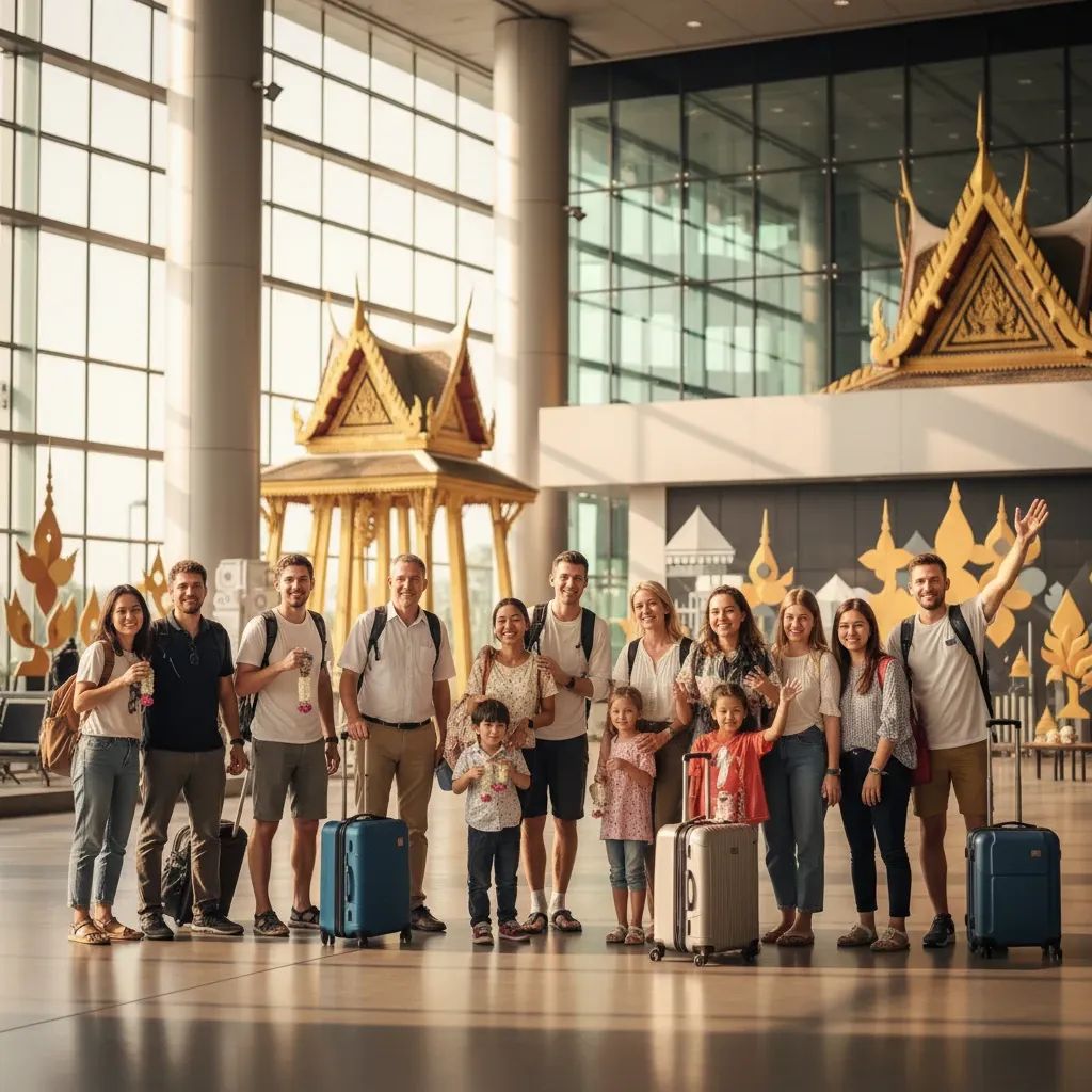 Travelers arriving at Thai airport with modern terminal architecture and welcoming atmosphere