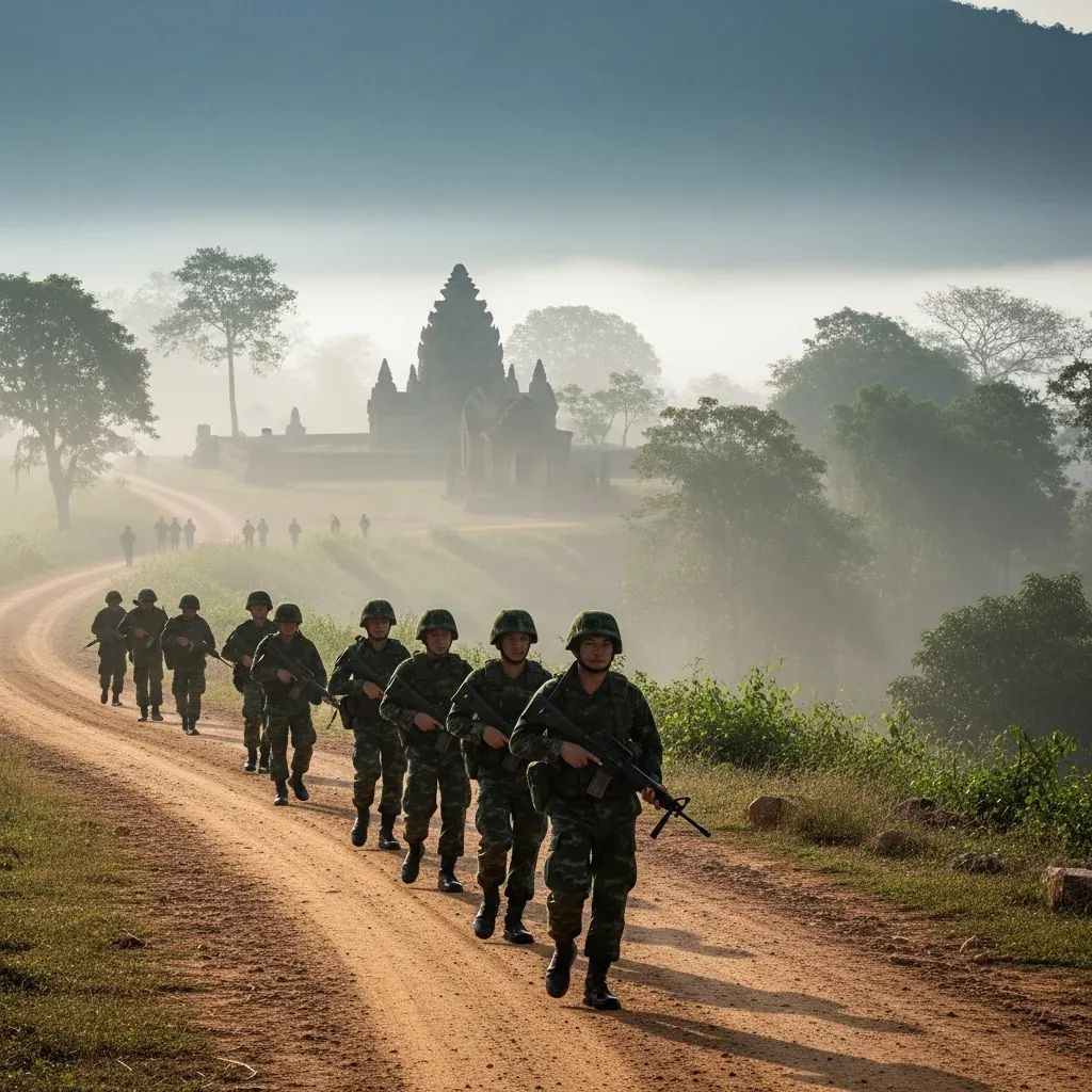 Thai soldiers patrolling a mountain ridge road by an ancient temple ruin in misty morning light