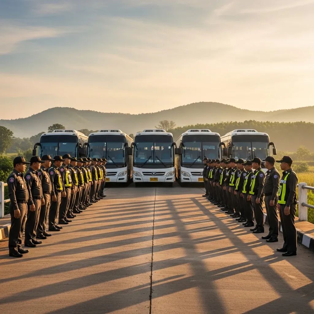 Six buses crossing a border footbridge with Thai and Cambodian officers overseeing returnees at dawn