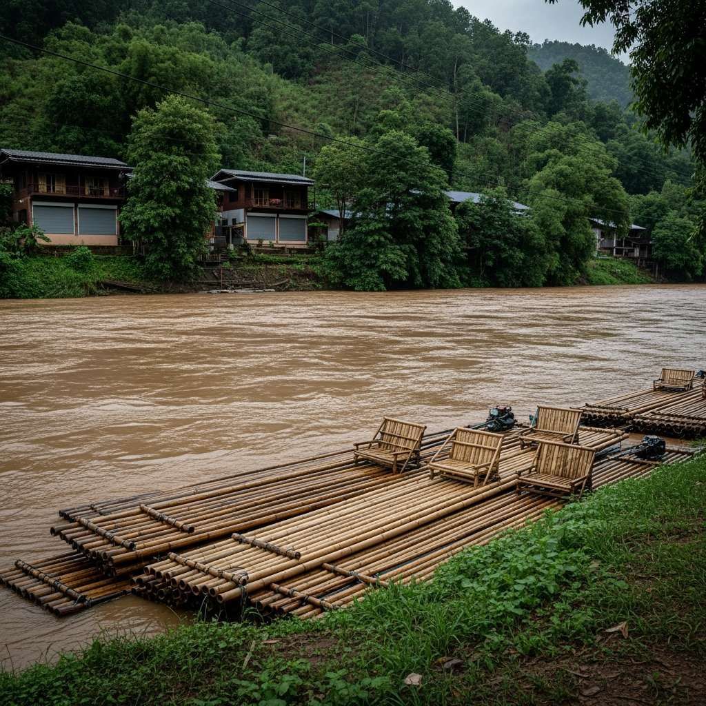 Idle bamboo rafts on a muddy brown Kok River in northern Thailand with closed guesthouses