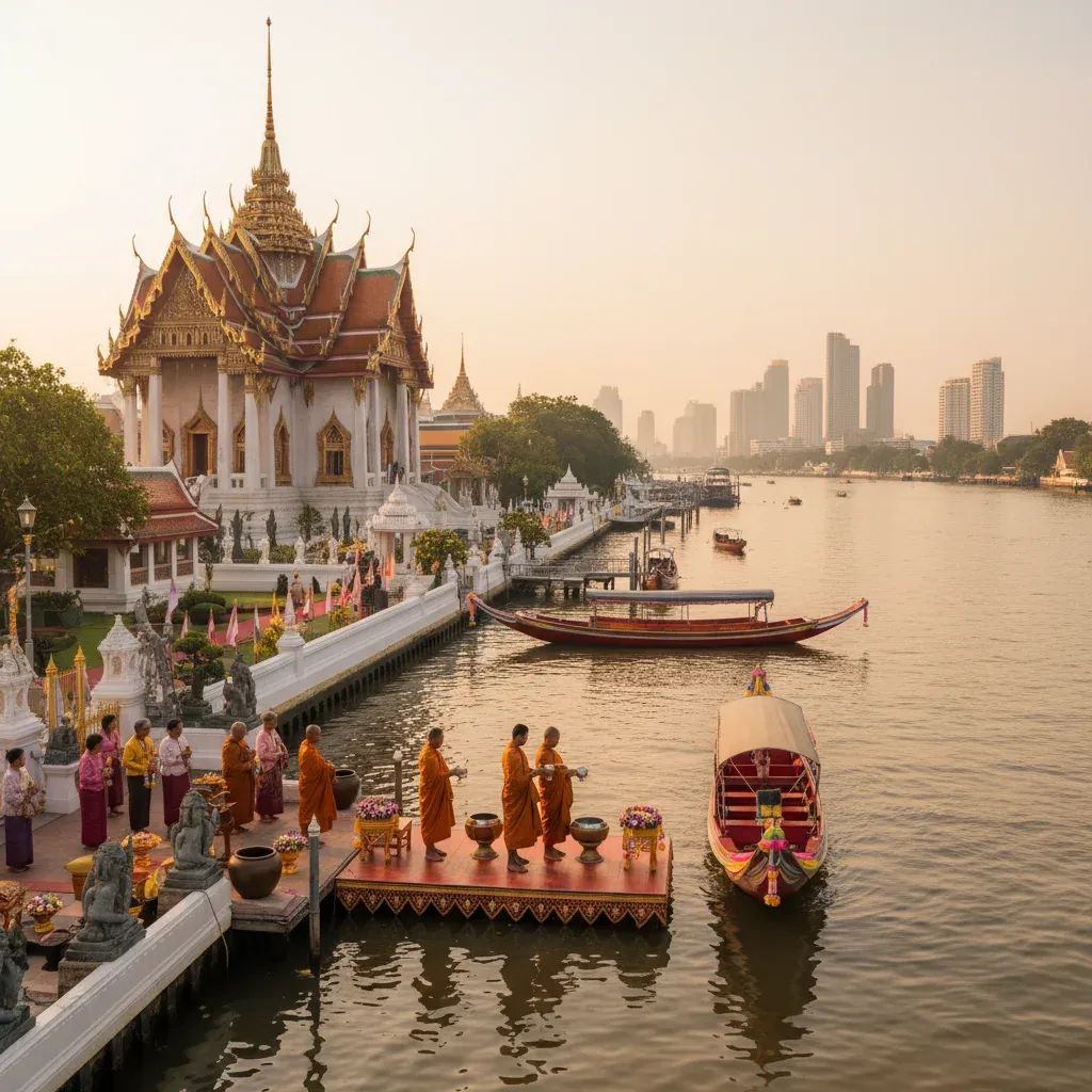Mon Buddhist monks performing water blessing ceremony at Phra Pradaeng temple during Songkran festival near Bangkok