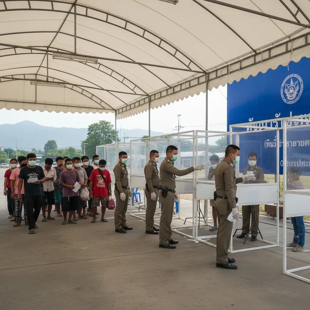 Thai immigration officers processing rescued scam survivors at a border checkpoint