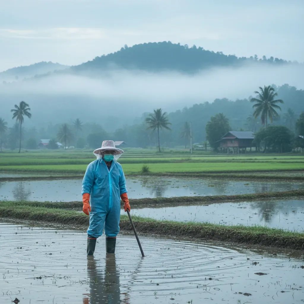 Rice farmer in protective equipment working safely in flooded paddy field during Thailand's rainy season