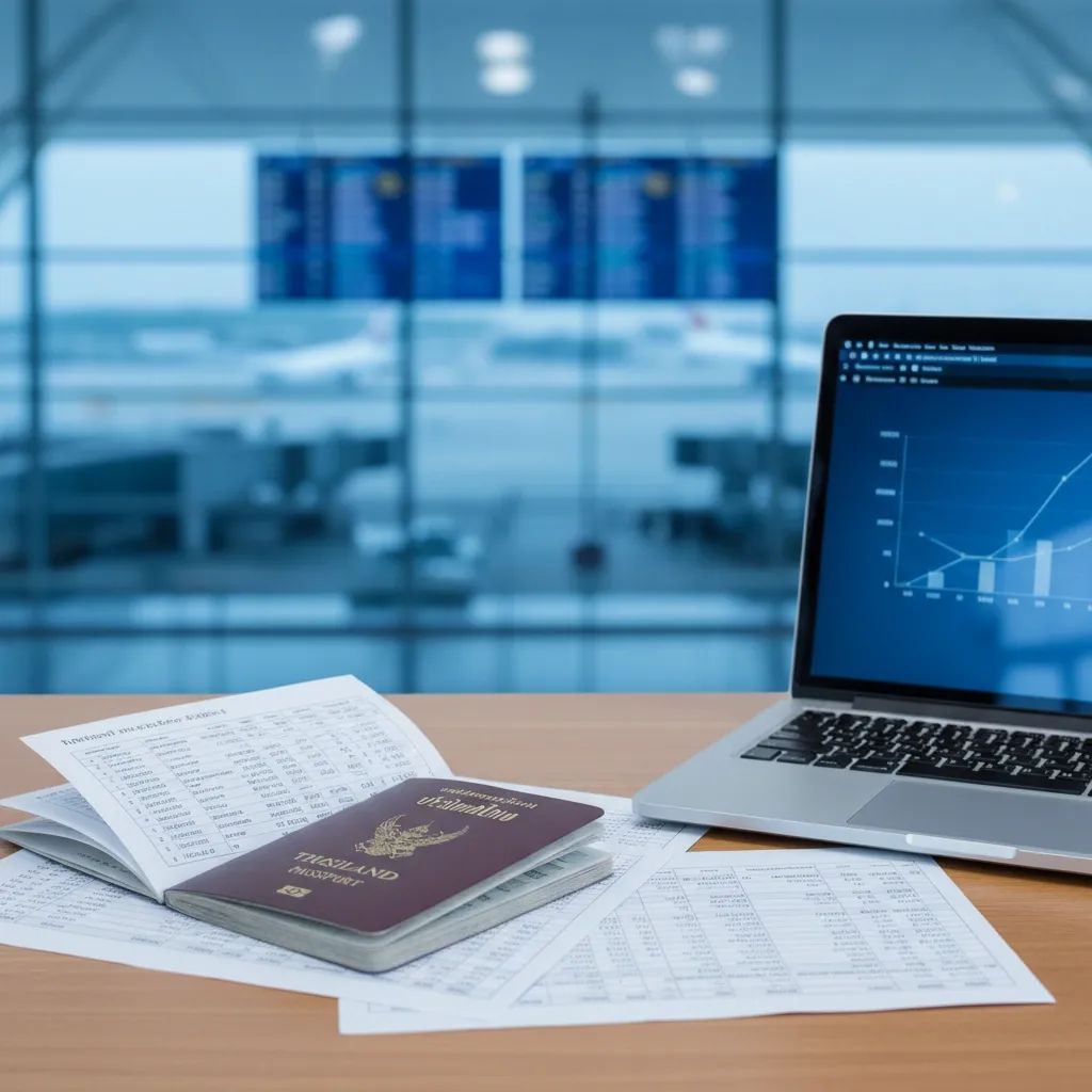 Desk with Thai passport, bank statements and laptop showing financial data at a blurred airport checkpoint