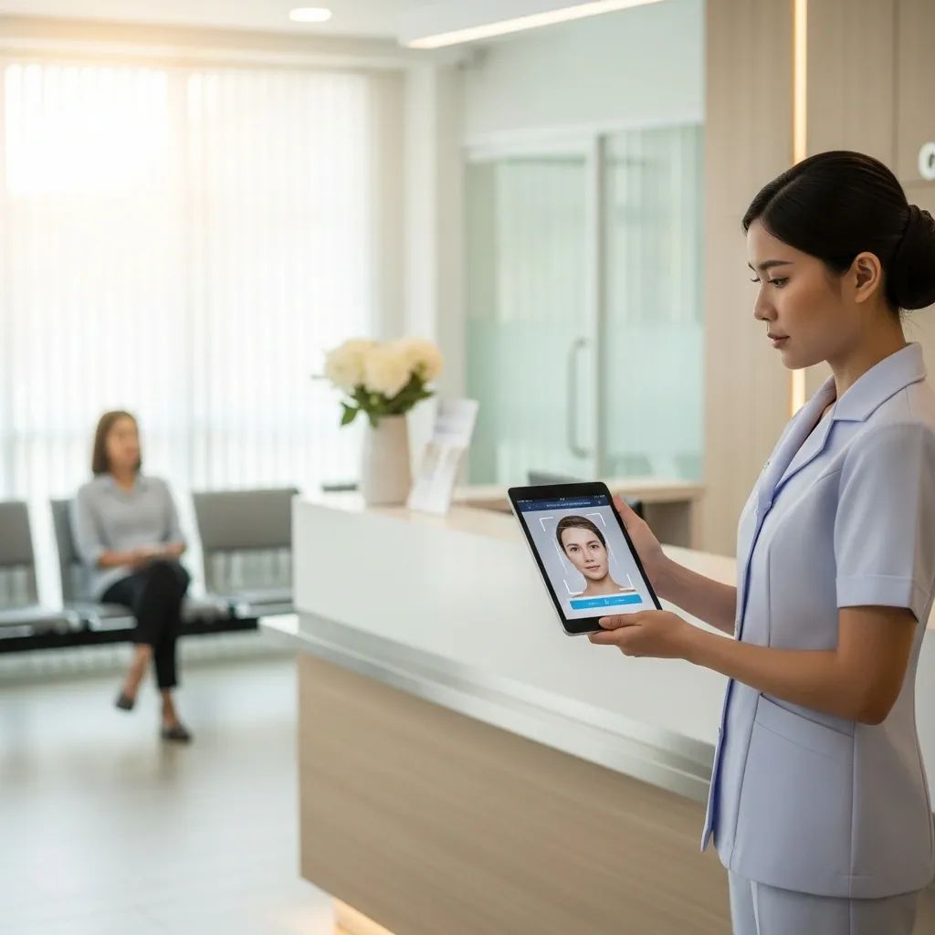 Medical staff using tablet-based facial recognition at a Thai clinic reception