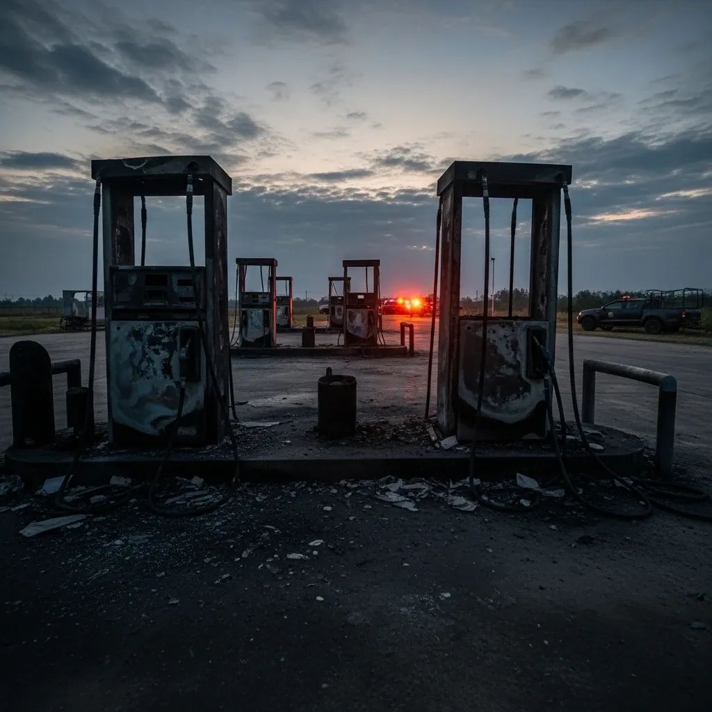 Burned petrol station at dawn with charred fuel pumps and emergency lights