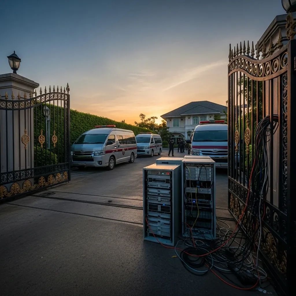 Police vans parked outside a gated luxury villa in Pattaya at dawn with officers entering