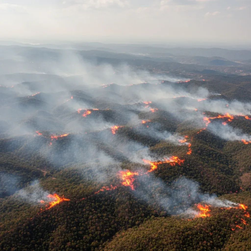 Aerial view of northern Thailand forest landscape covered in smoke haze from 2026 wildfire season