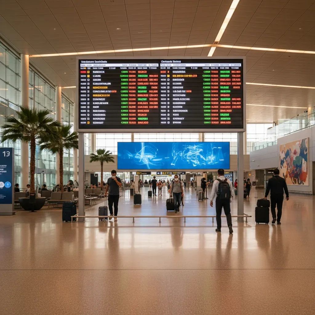 Airport departure board showing flight schedule changes and reduced flight frequencies