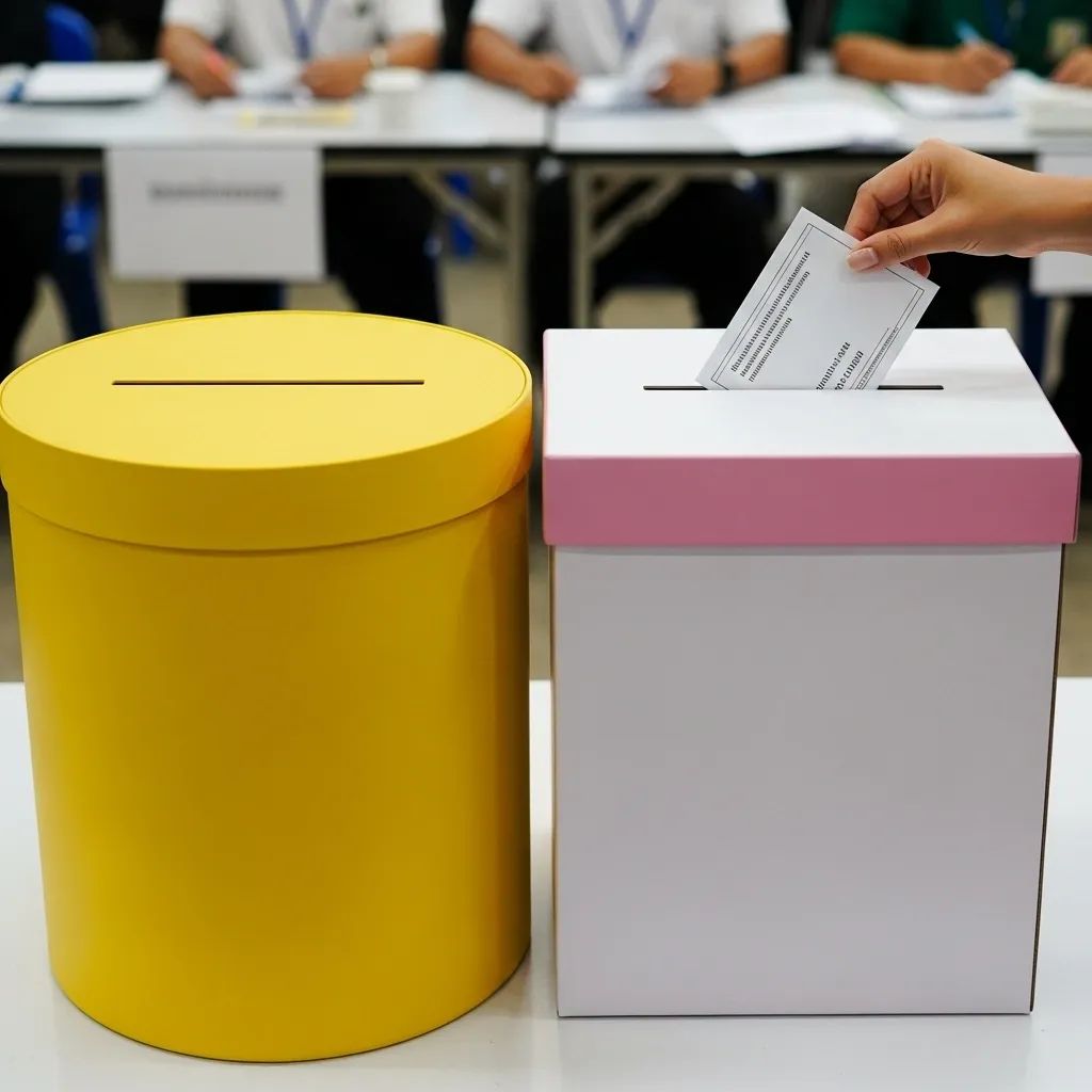 Voter placing yellow referendum and pink-white MP ballots into separate boxes at Thai polling station