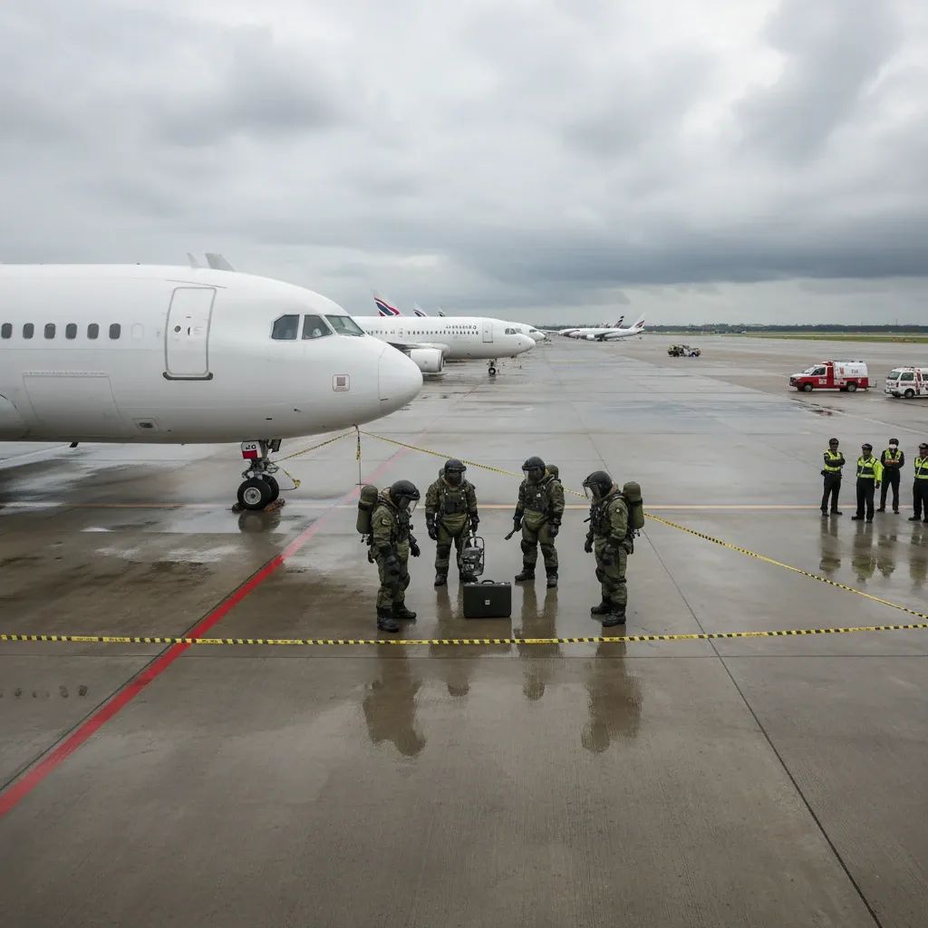 Airport security personnel conducting emergency investigation on tarmac after bomb threat incident at Thai airport