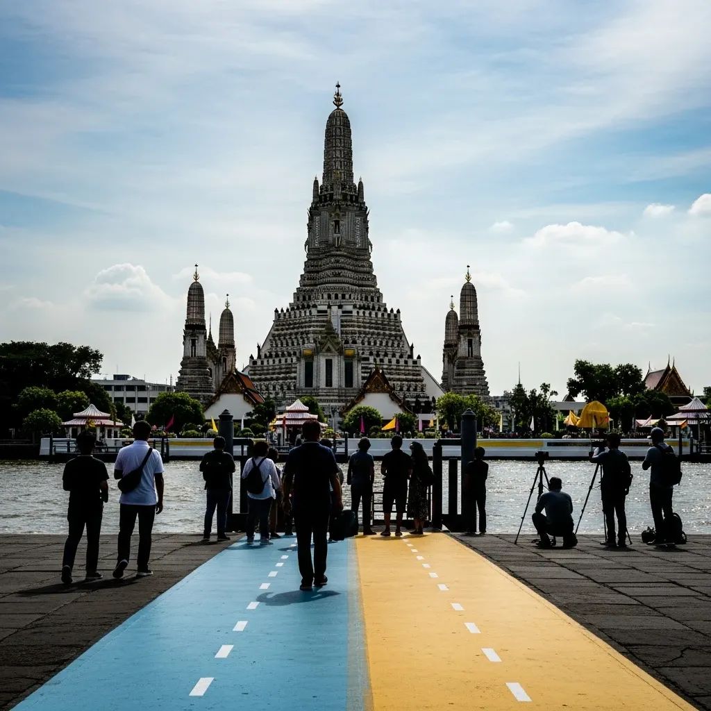 Wat Arun temple with colored ground markings separating tourists and photo crews at the riverside pier