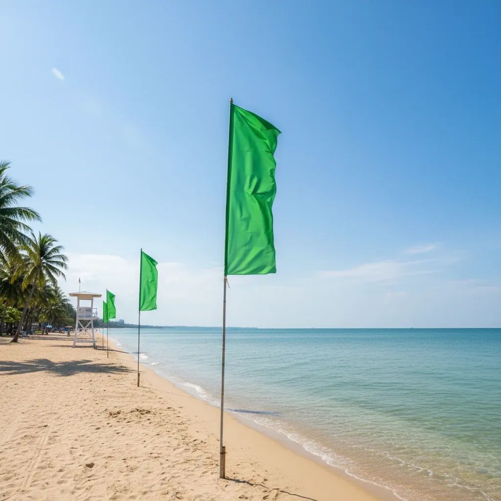 Jomtien Beach shoreline with green safety flags and clear calm water