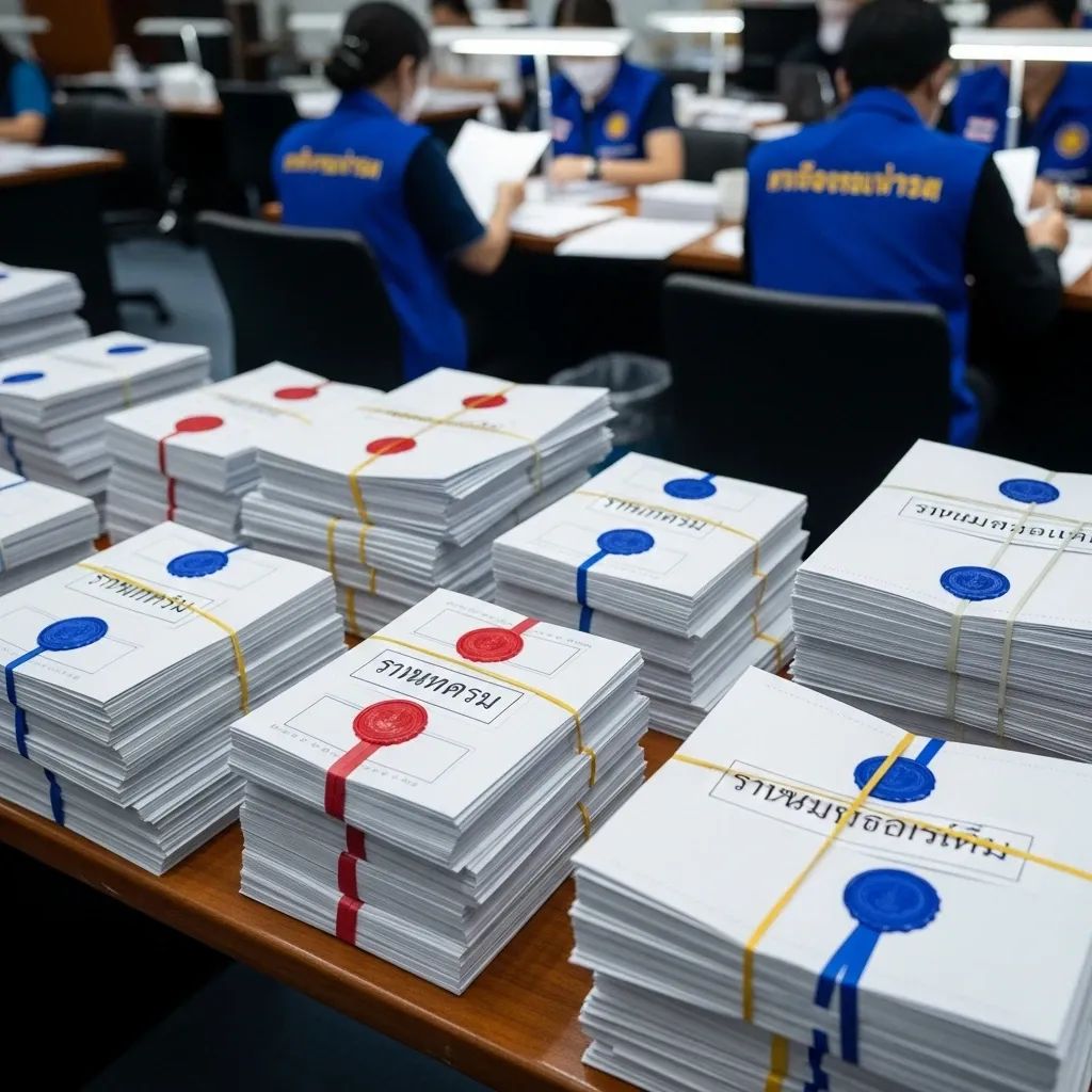 Stacks of sealed election ballots on a table in a Thai election commission office