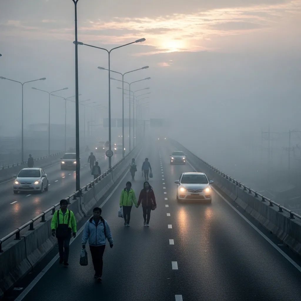 Bangkok elevated expressway at dawn shrouded in morning fog with commuters in jackets