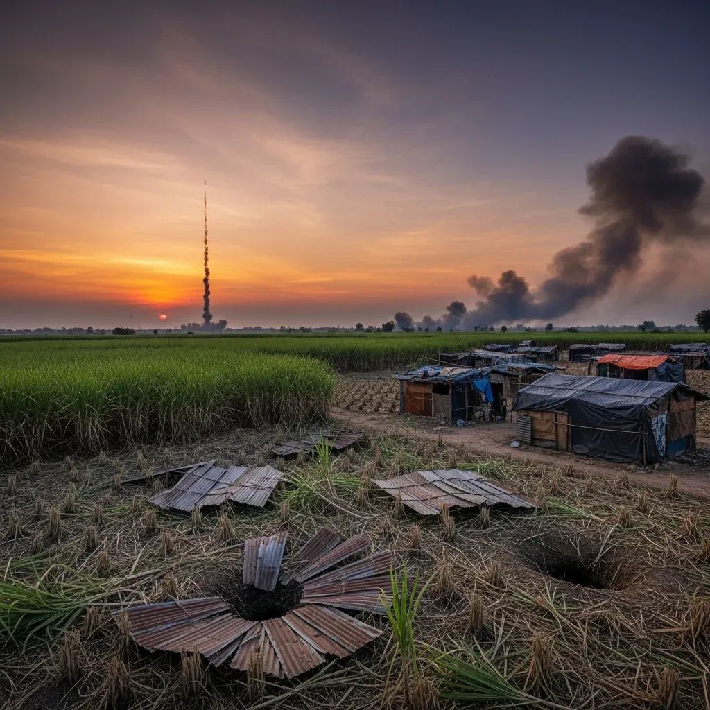 Sugar-cane field at Thailand-Cambodia border with bomb crater, damaged roofs, and temporary shelters under a smoky sky