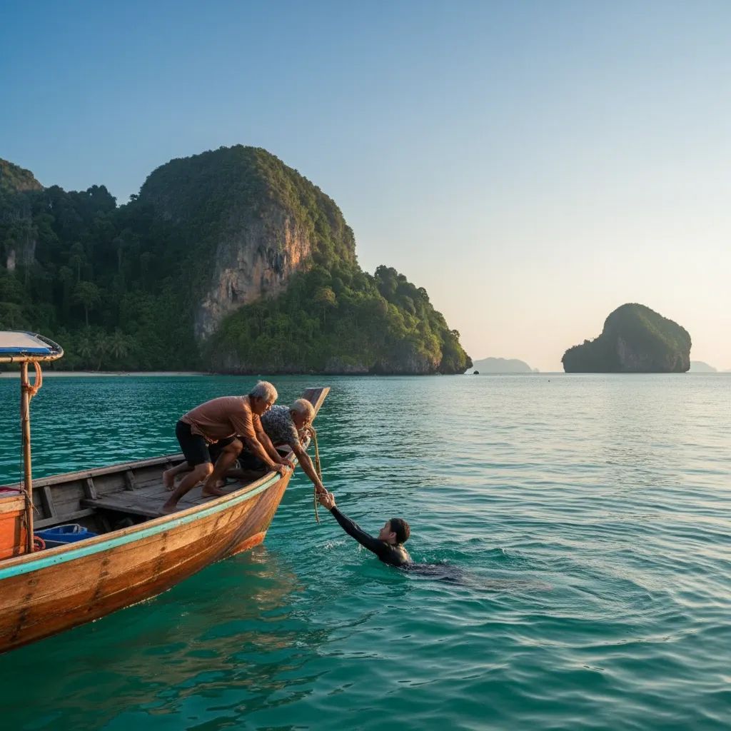 Local fishermen rescuing tourist from Andaman Sea waters near Phuket beach