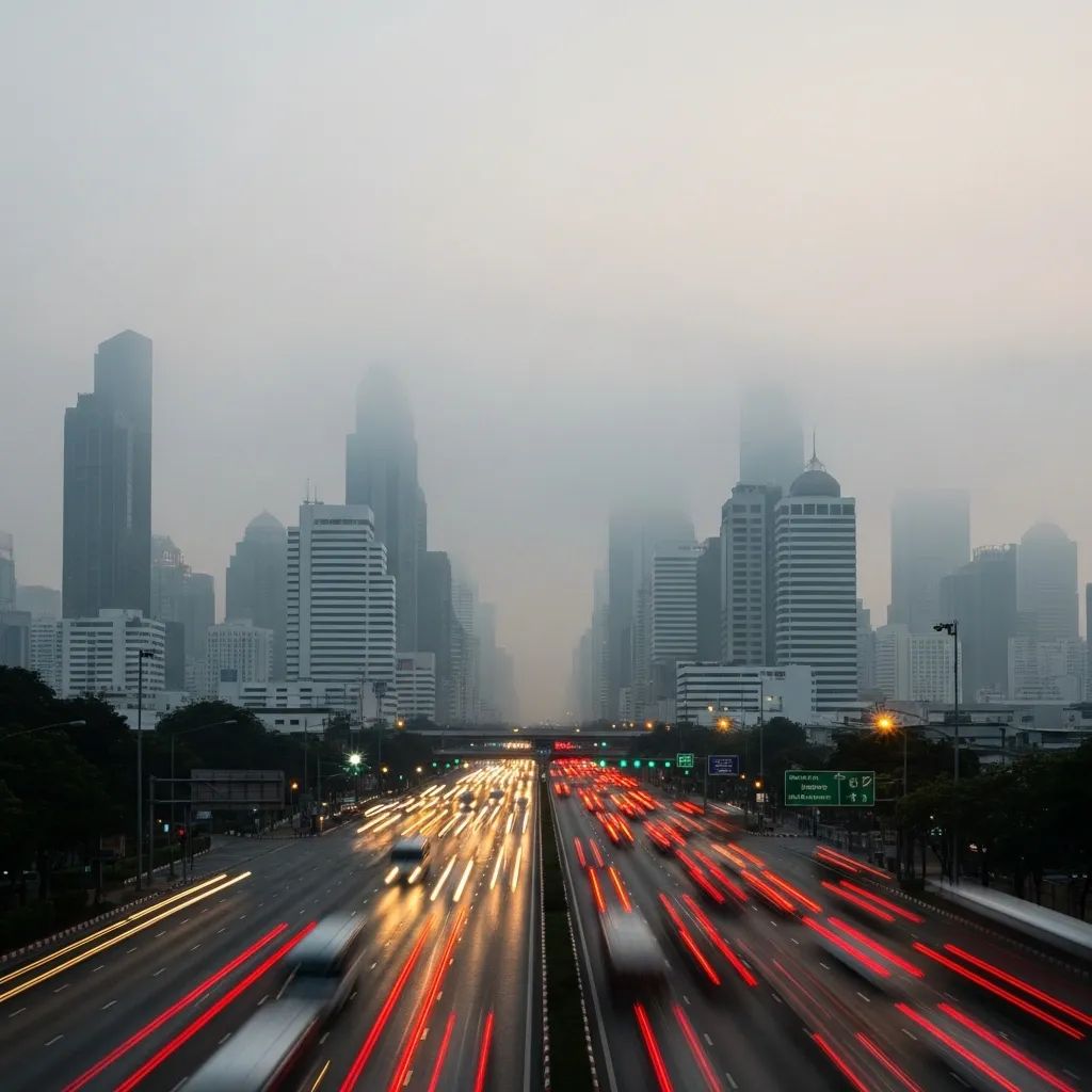 Wide-angle view of Bangkok skyline shrouded in thick morning smog over city streets