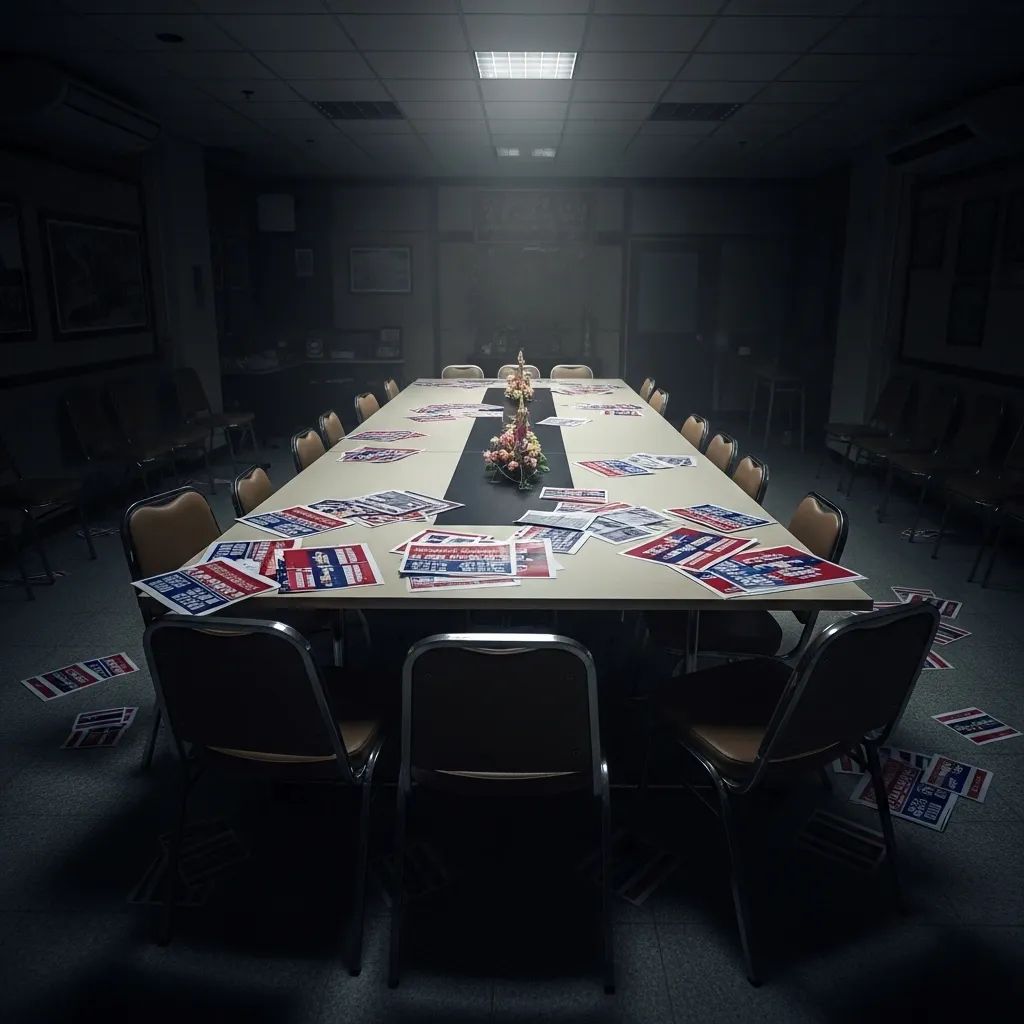 Interior of Palang Pracharath campaign office with empty chairs and scattered campaign flyers
