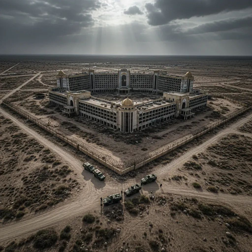 Aerial view of abandoned O’Smach resort with barbed wire fence and Thai military vehicles