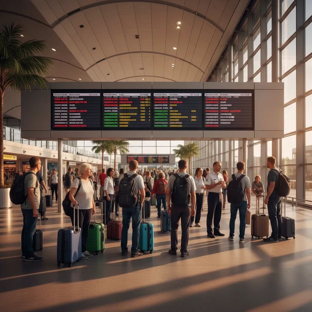 Airport terminal with travelers consulting departure boards during flight disruption crisis