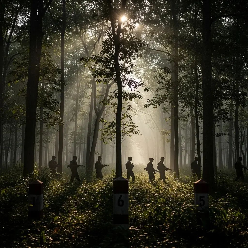 Soldiers patrolling a forested Thailand-Cambodia border area at dawn