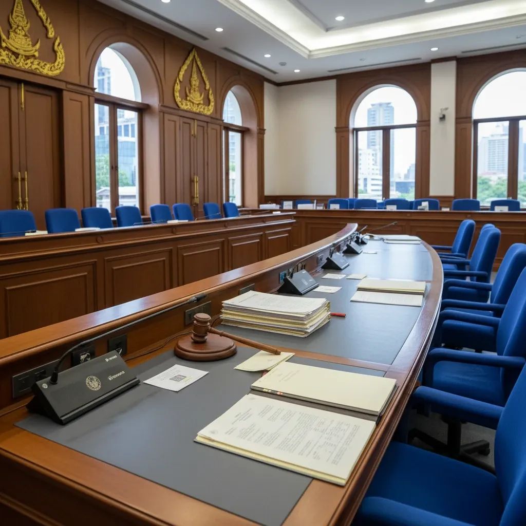 Government chamber interior with documents and gavel representing Thai political accountability and electoral processes