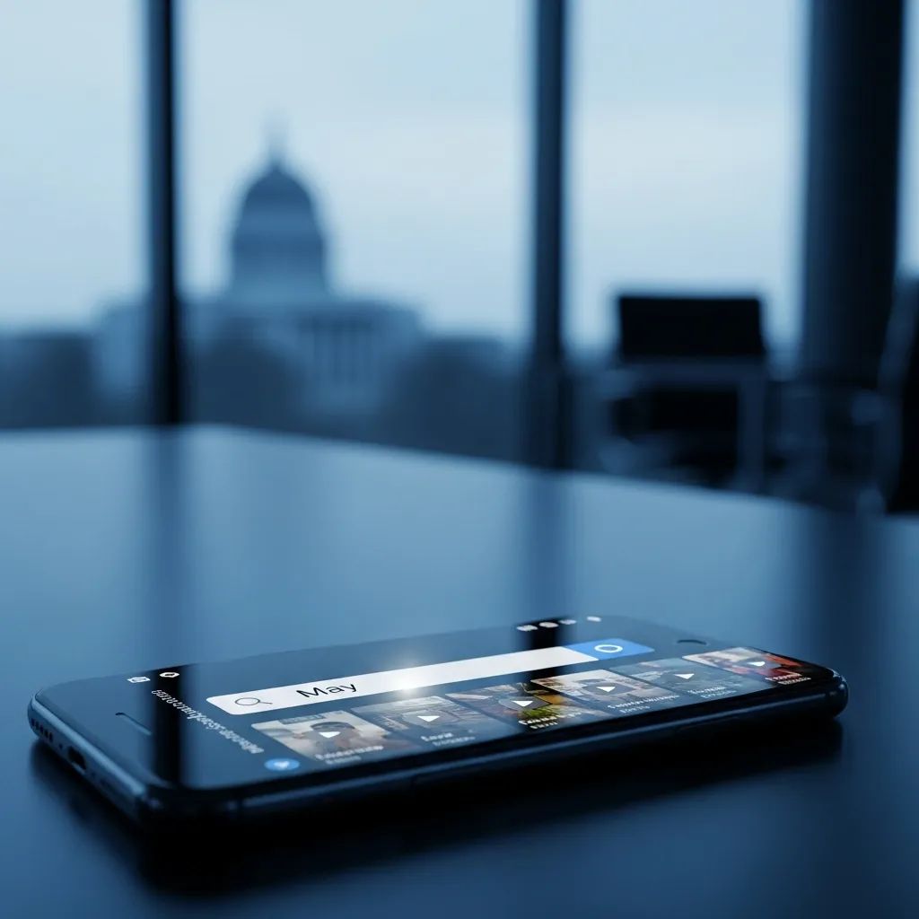 Smartphone displaying blurred video thumbnails under 'May' search term on office desk