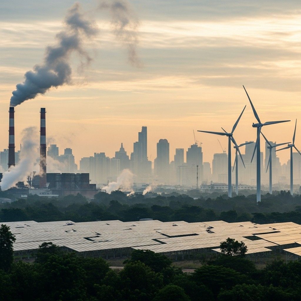 Industrial smokestacks emitting haze near wind turbines and solar panels representing carbon pricing efforts