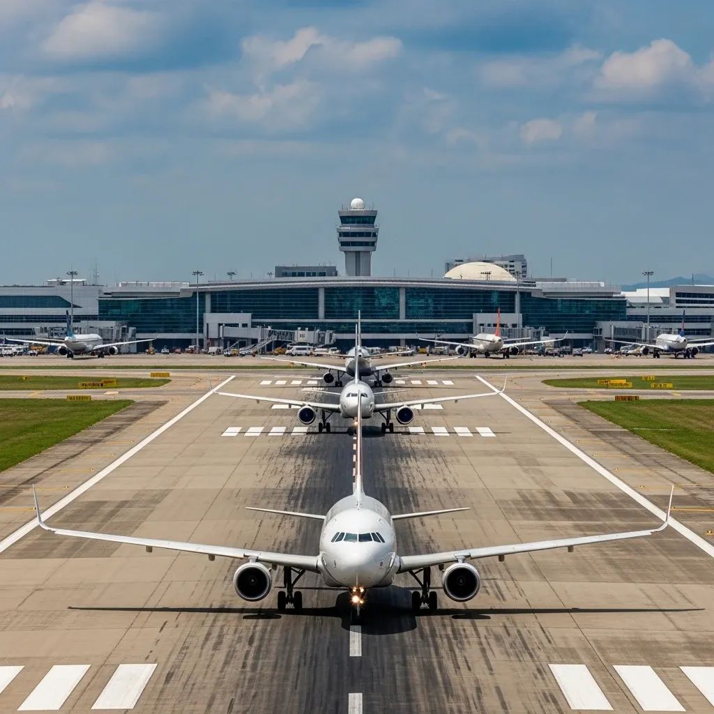 Airplanes queued on Phuket International Airport runway during peak season