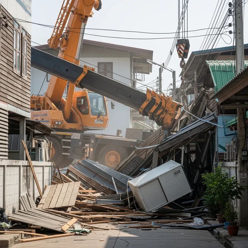Mobile crane collapsed onto a wooden house with a one-ton prefab unit in a Thai neighborhood street