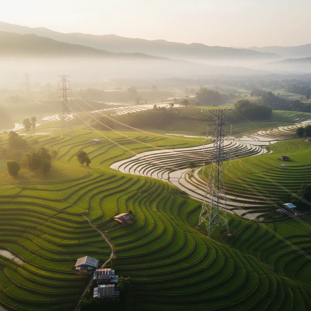 Aerial view of Thai rice fields crossed by power lines, illustrating farm aid and lower energy costs