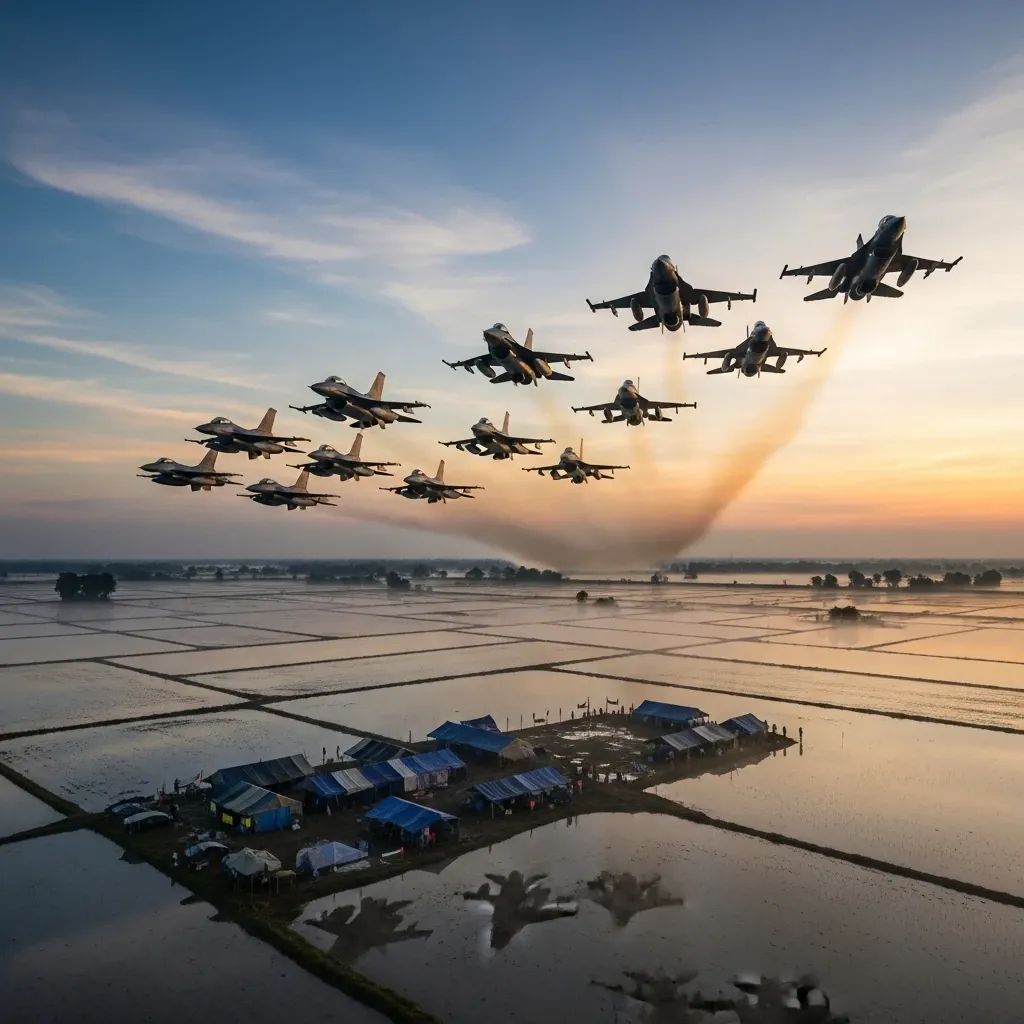 Fighter jets flying low over Thai rice paddies near the border at dawn
