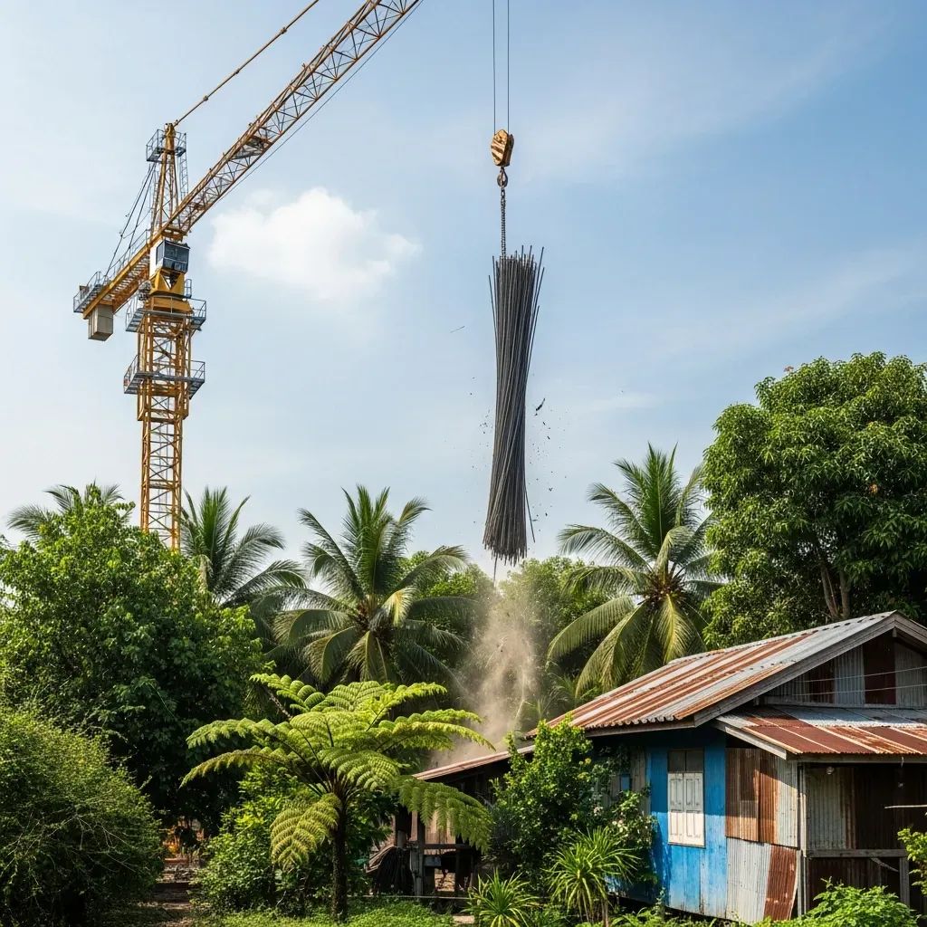 Steel rebar piercing tin roof of a house beside a Phuket construction site